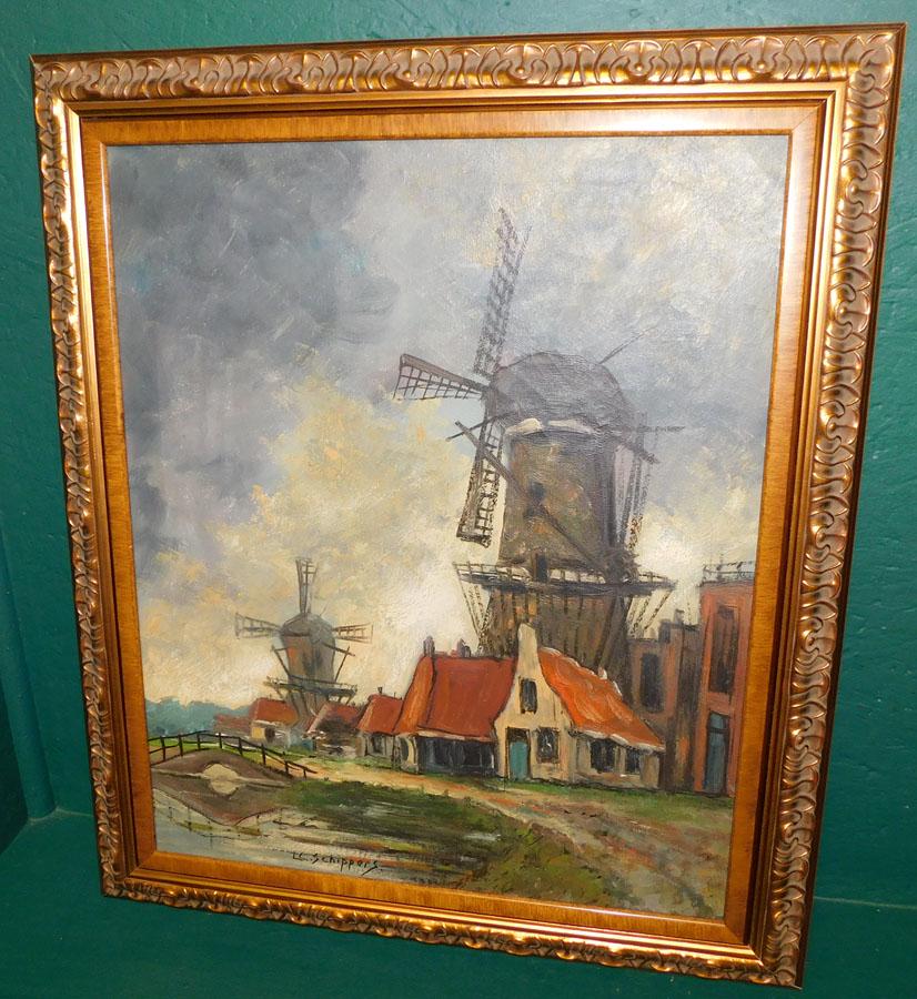 OOC Dutch Windmill Scene - Signed L.C. Schippers (1 of 4)