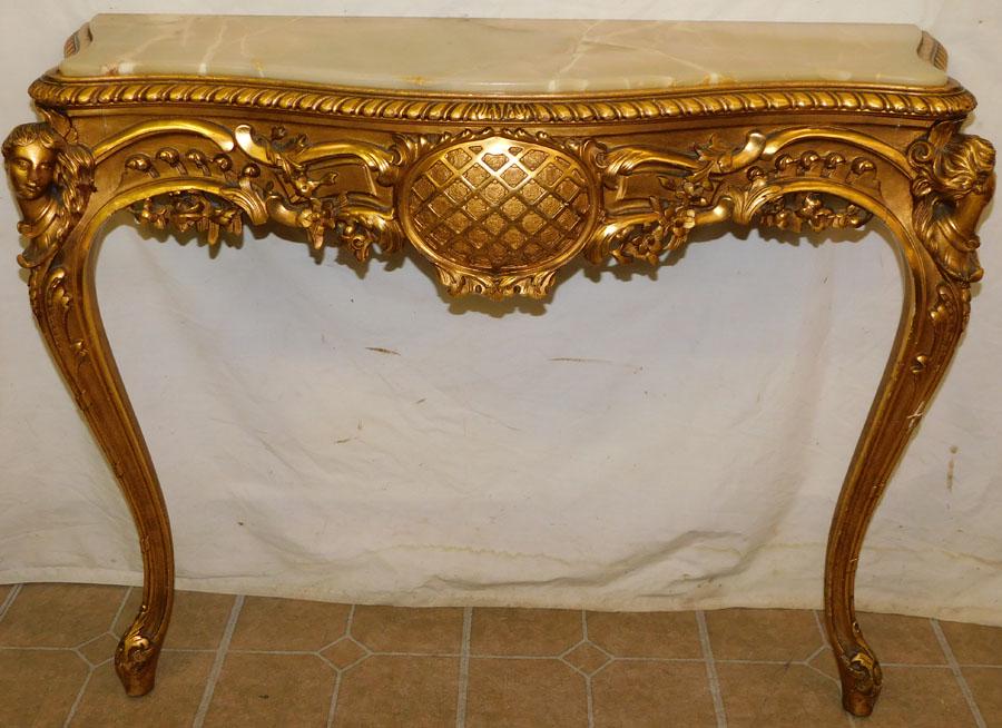 French Gilt Onyx Top Figural Console: French Gilt Onyx Top Figural Console. 38" W 13" D 30" H