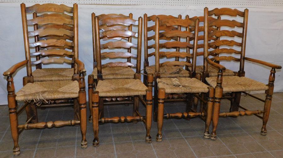 8 English Elm Wood Ladder Back Rush Seat Chairs (1 of 5)
