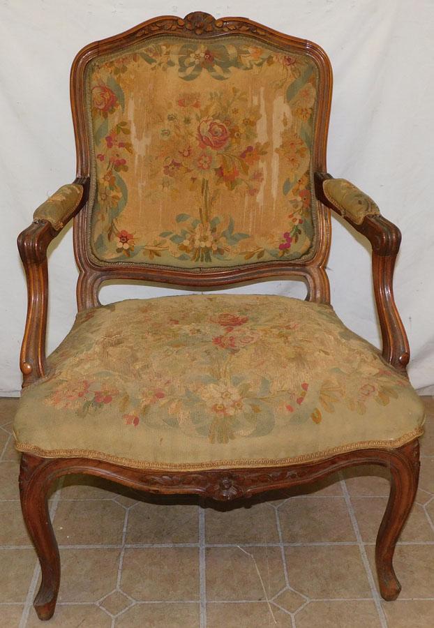 19th C Walnut Carved Fauteuil W/ Tapestry Upholstery: 19th C Walnut Carved Fauteuil W/ Tapestry Upholstery . 37 1/2" H