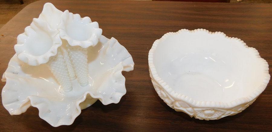 Milk Glass Epergne & Bowl: Milk Glass Epergne & Bowl. 6 1/2" H -- Epergne