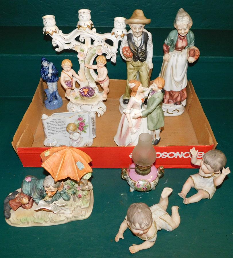Porcelain Figures, Piano Baby, Candlesticks: Lot Of Porcelain Figures -- Piano Baby -- Candlesticks. 12 1/4" H -- Tallest