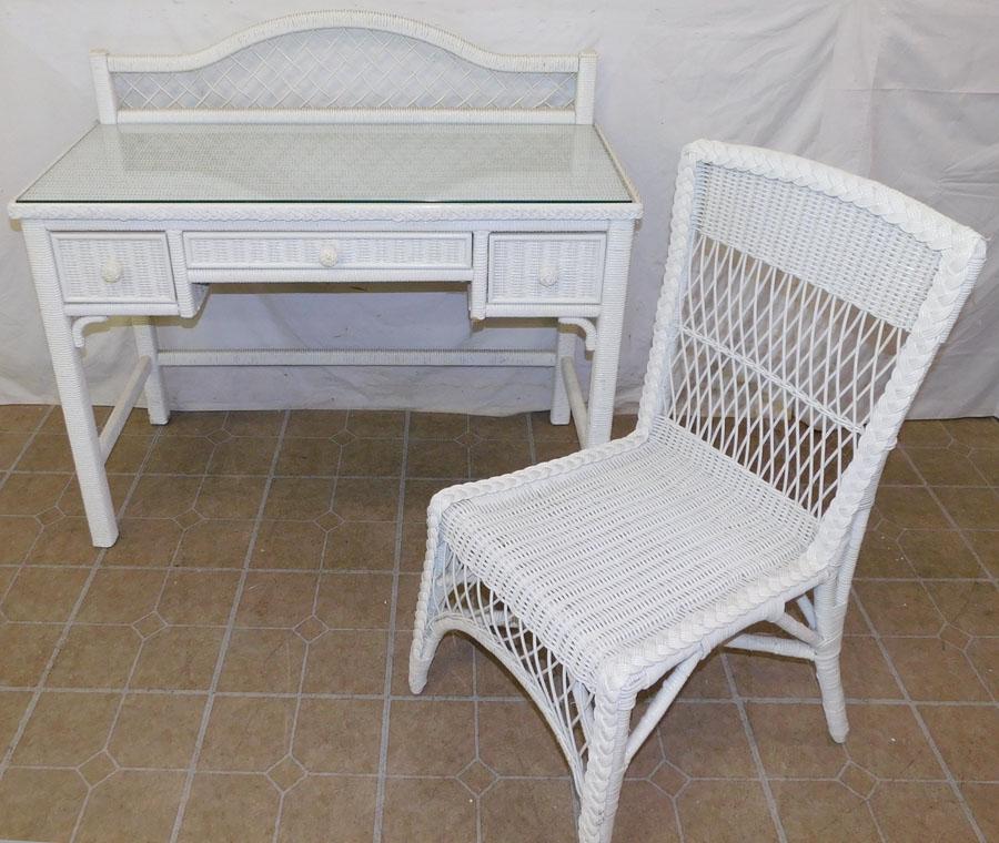 Wicker Desk  W/ Glass Top & Chair By Henry Link (1 of 3)