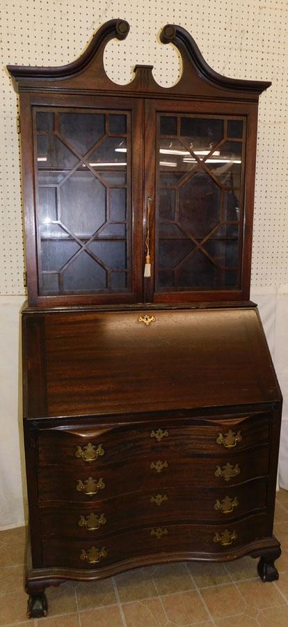 Mahogany Serpentine Front B & C Feet Secretary: Mahogany Serpentine Front Ball & Claw Feet Secretary By J. E. Ware. 36 1/2" W 21" D 83" H