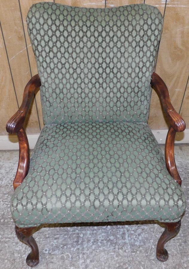Mahogany Upholstered Queen Anne Arm Chair: Mahogany Upholstered Queen Anne Arm Chair. 35 1/4" H