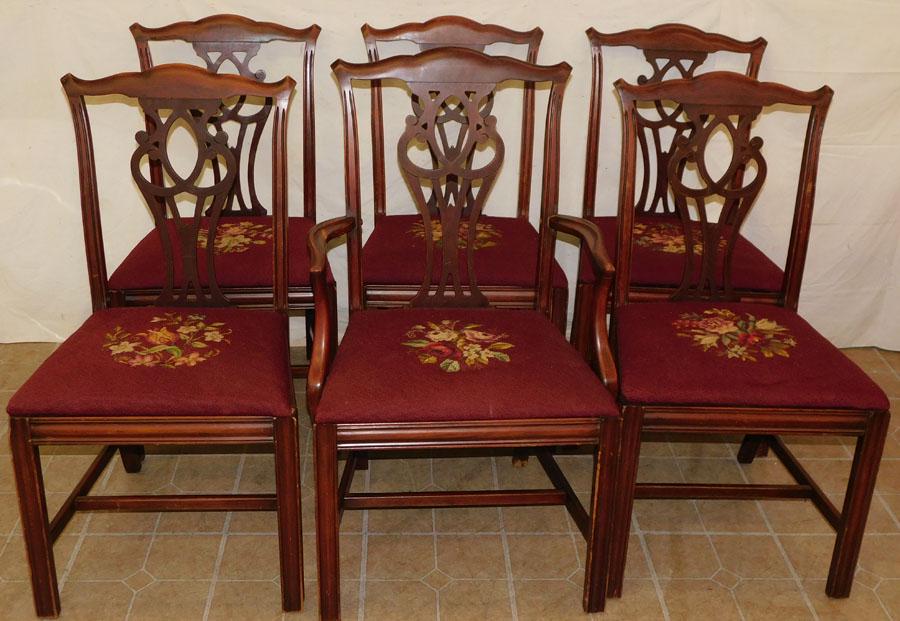 6 Mahog Chippendale Style Needlepoint Seat Chairs: Set 6 Mahogany Chippendale Style Needlepoint Seat Chairs. 39 3/4" H
