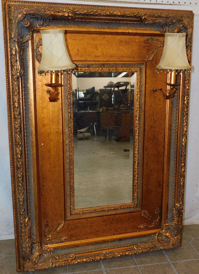 Gilt Framed Beveled Mirror W/ 2 Lights (1 of 3)
