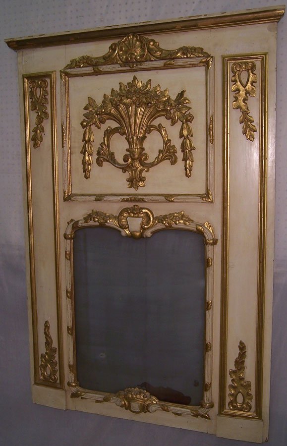 French carved paint & gilt trumeau type mirror: French carved paint and gilt trumeau type mirror (58" x 39"), Circa 1820