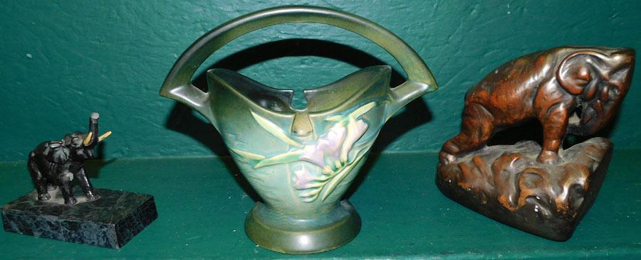 Two Elephant Bookends & Freesia Roseville Dish: Two Elephant Bookends & Freesia Roseville Dish.