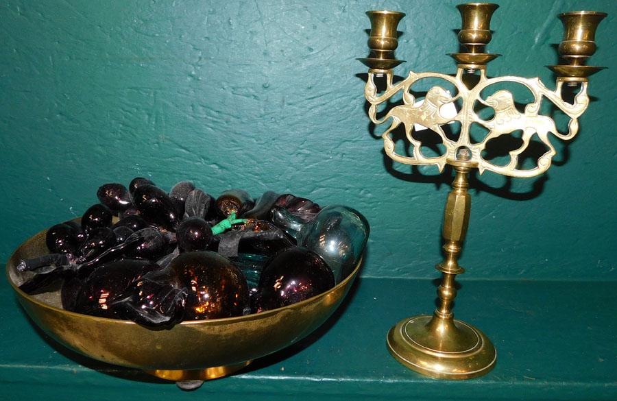 Brass Candelabra, Brass Bowl, & Glass Fruit: Brass Candelabra, Brass Bowl, & Glass Fruit . 13 1/4" H