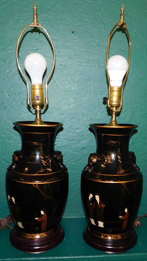 Pr Paint Decorated Porcelain Vases Made Into Lamps (1 of 5)