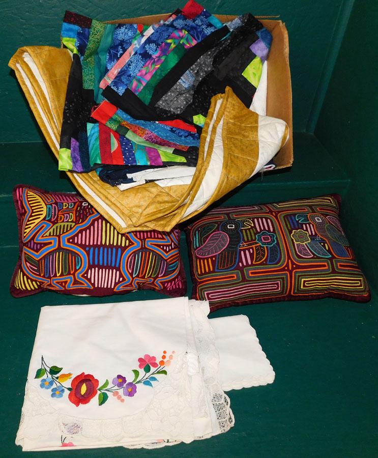 Lot of Linens, Mola Pillows, & Handmade Quilt Parts (1 of 3)