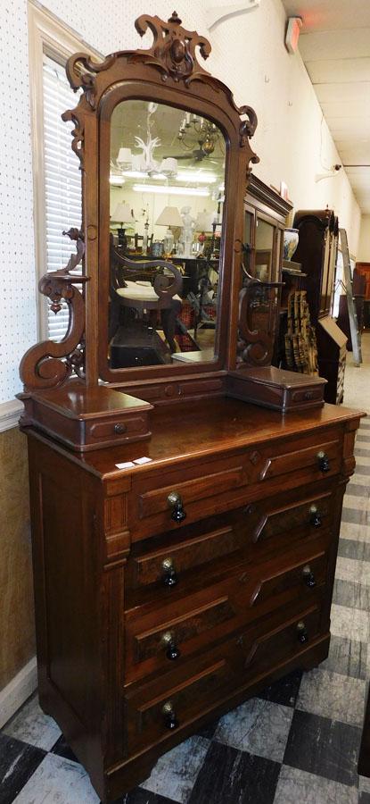 Walnut 4 Drawer Victorian Chest with Mirrored Top: Walnut 4 Drawer Victorian Chest with Mirrored Top. 40" W 18 1/2" D 87" H