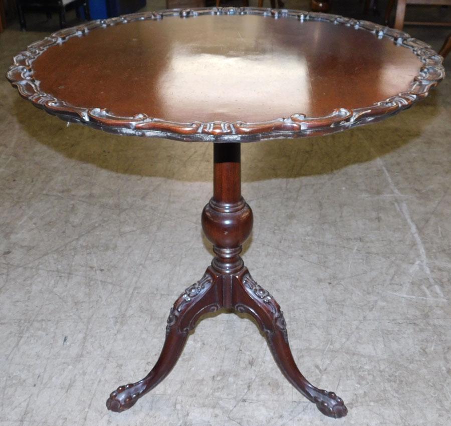Carved Mahogany Dish Tilt Top Table: Carved Mahogany Dish Tilt Top Table. 28 3/4" Dia. 29 1/4" H