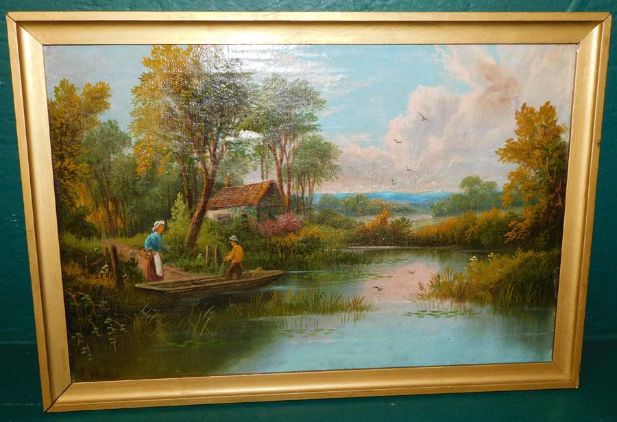Antique OOC of Country River Scene Signed Weller (1 of 4)