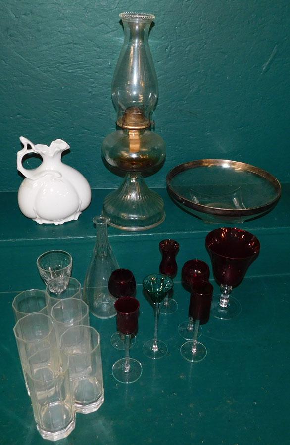 Oil Lamp, Colored Glass, Decanters, & Porc. Pitcher Lot (1 of 3)