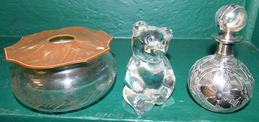 Glass Bear, Sterl Overlay Scent Bottle, Hair Receiver: Princess House Glass Bear, Sterling Overlay Scent Bottle, Etched Glass Hair Receiver. Up to 4 1/4" H