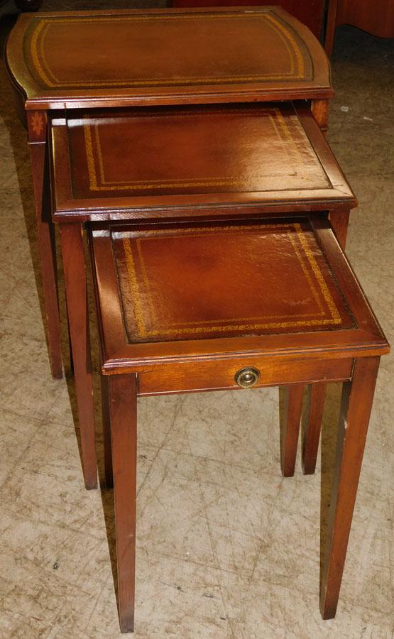 Set of 3 Mah Nesting Tables w/ Tooled Leather Tops (1 of 3)