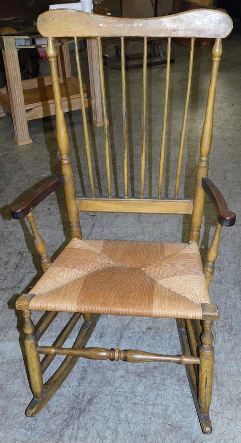 Antique Painted Arm Rocker with Rush Seat (1 of 3)