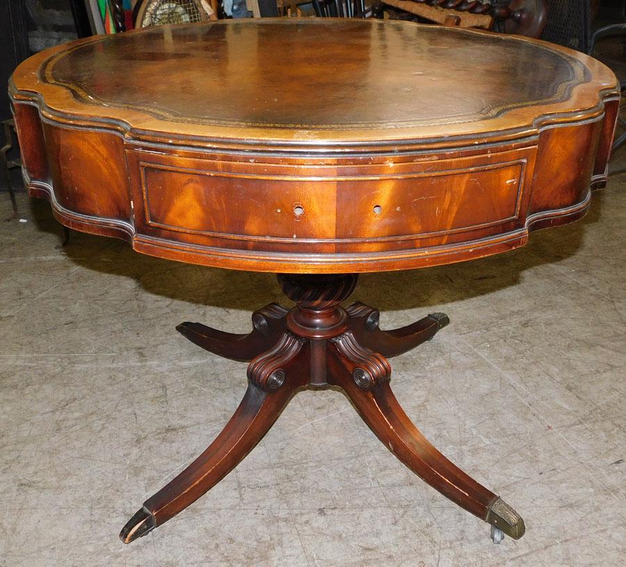 Mah Banded Top Drum Table with Tooled Leather Top (1 of 5)