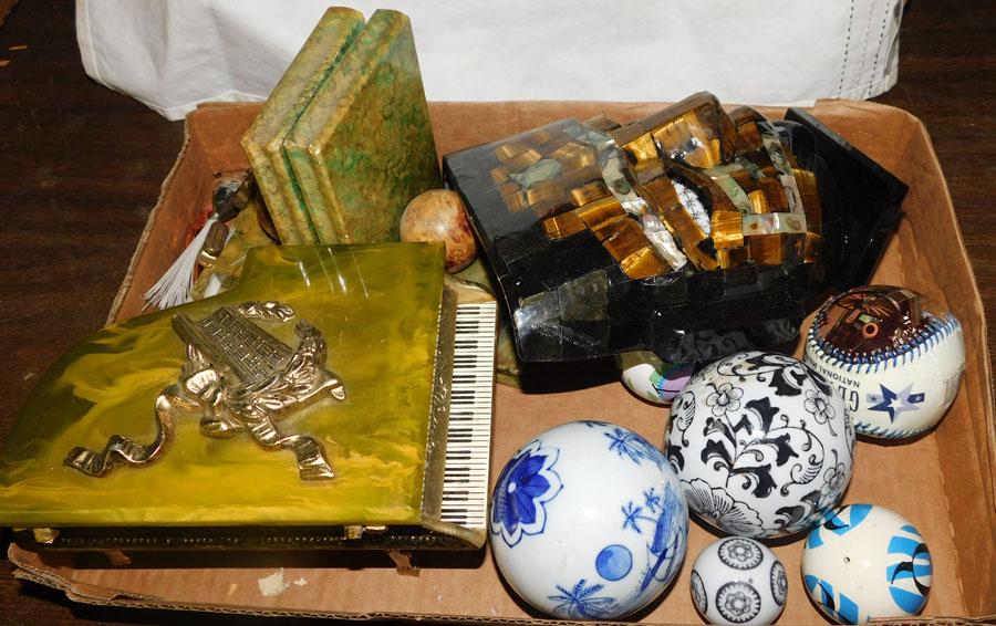 Marble Bookends, Music Box, & Decor Porc Balls: Lot of Marble Bookends, Music Box, & Decorative Porcelain Balls.