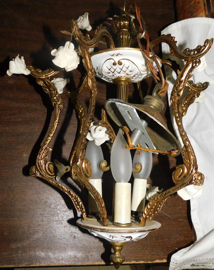 Bronze & Porcelain 3 Light Chandelier (1 of 1)