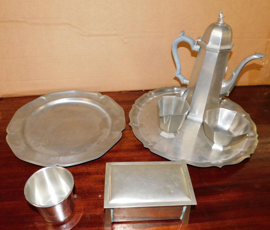 Pewter Tea Set, charger, & cup, Nickel Silver Box (1 of 3)