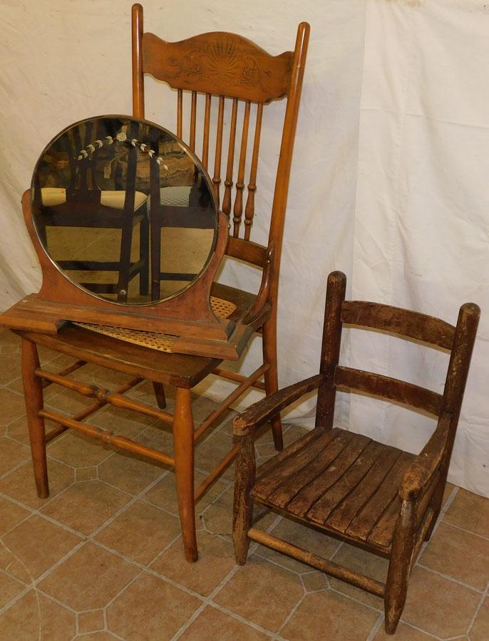 Antique Side Chair, Child's Chair, & Shaving Mirror: Antique Side Chair, Child's Chair, & Shaving Mirror. Up to 39 1/4" H