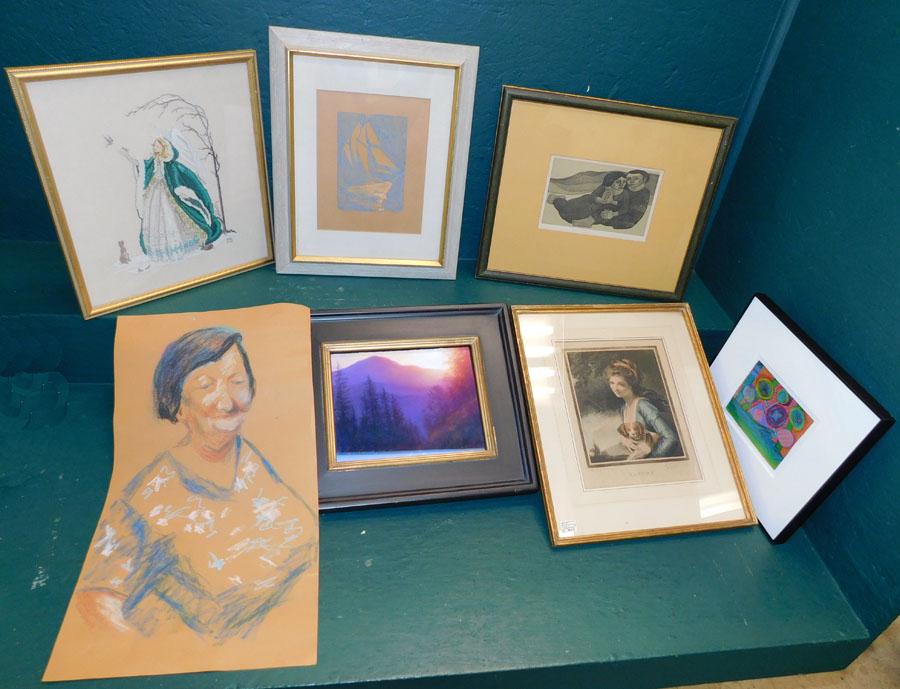 7 Framed Items, (Watercolor, Needlepoint, Engravings) (1 of 13)