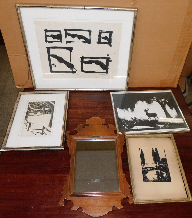 Framed Etchings, Paper Cut Outs Signed, & Mirror (1 of 7)