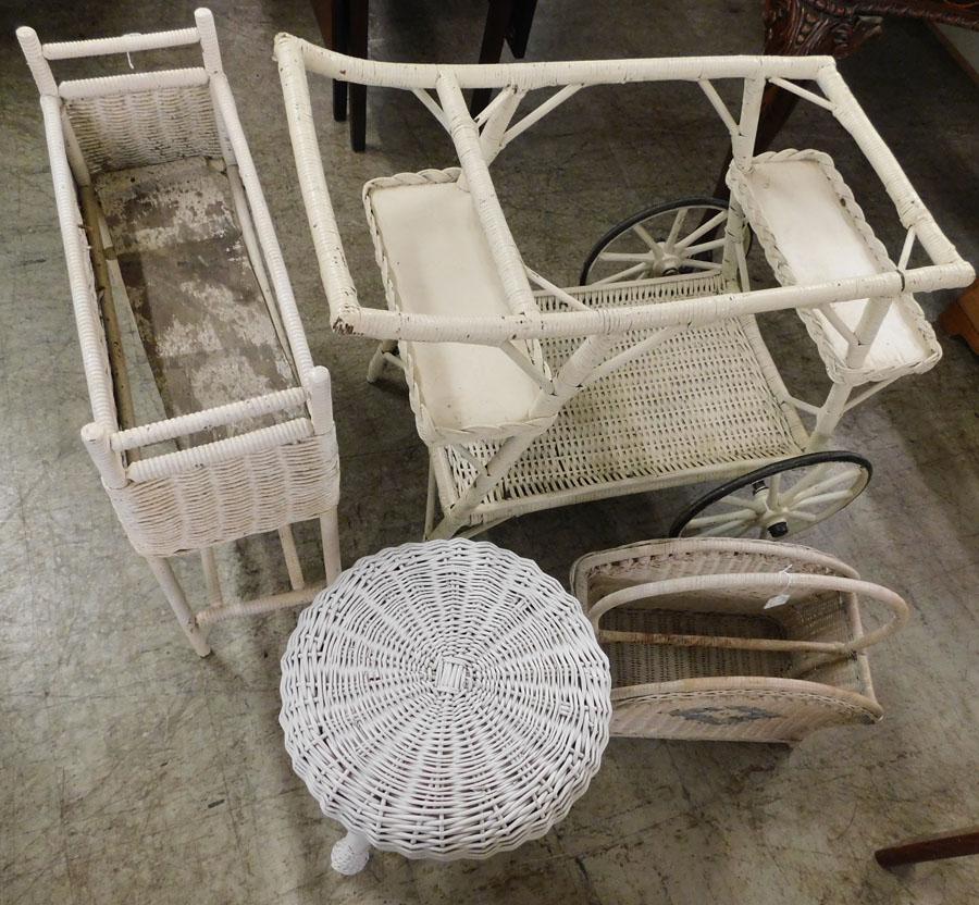 Wicker Tea Cart, Planter, Magazine Stand, & Stool (1 of 4)
