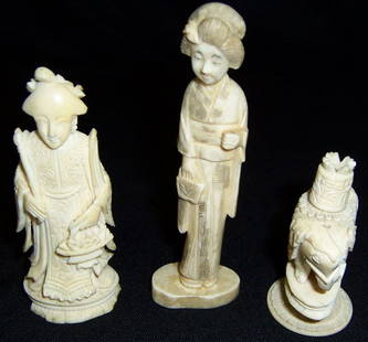(3) Ivory figurines - elephant, lady, man: (3) Ivory figurines - elephant, lady, man