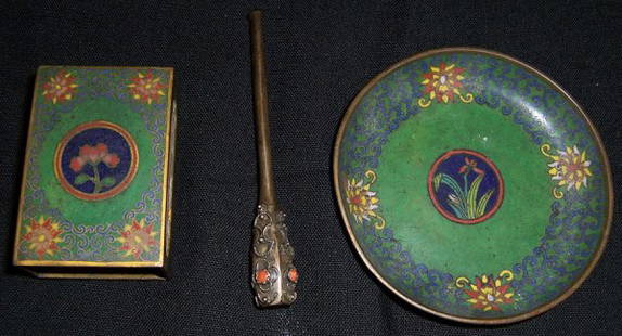 Three Early cloisonne' pieces: Early cloisonne' ashtray, match holder, cigarette holder with coral stones