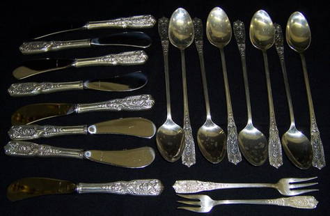 (18) Pieces of sterling: (18) Pieces of sterling (ice tea spoons, butter knives, pickle fork) Milburn Rose pattern - Westmorland Silver Co.