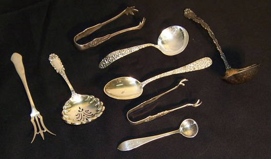 (8) Pcs. Sterling ( two tongs, ladles & spoons): (8) Pcs. Sterling ( two tongs, ladles and spoons) 3.90 troy oz.