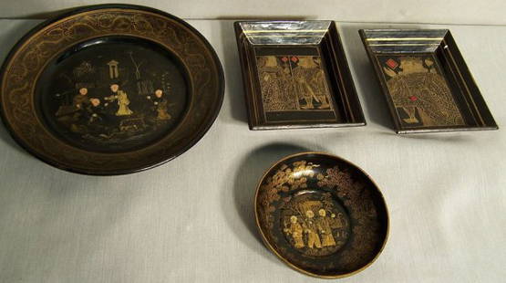 (4) Chinese lacquered and Chinoiserie pieces: (4) Chinese lacquered and Chinoiserie pieces (plate, frames, small tray)