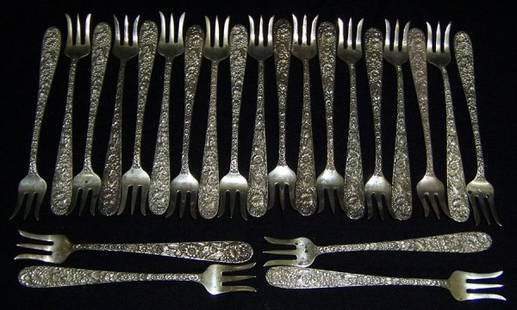 (23) Sterling Kirk Repousse' cocktail forks: (23) Sterling Kirk Repousse' cocktail forks (16.55 oz.)