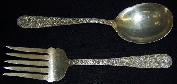 Kirk Repousse' serving spoon and meat fork: Kirk Repousse' serving spoon and meat fork (6.52 troy oz.)