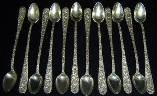 (12) Kirk Repousse' ice tea spoons: (12) Kirk Repousse' ice tea spoons (14.57 troy oz.)