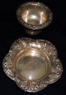 Kirk Repousse' sugar dish and sterling bowl: Kirk Repousse' sugar dish and grape and cable sterling bowl (9.56 troy oz.)