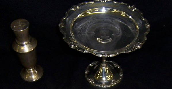 sterling compote and sterling covered bottle: Weighted sterling compote and weighted sterling covered bottle