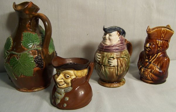 3 Toby pitchers and Majolica pitcher.: 3 Toby pitchers and Majolica pitcher.