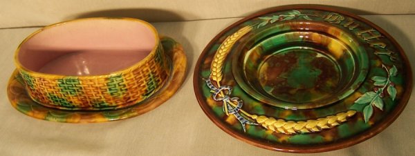 Majolica Wedgwood plate & basket weave dish.: Majolica Wedgwood butter plate and basket weave cheese dish.