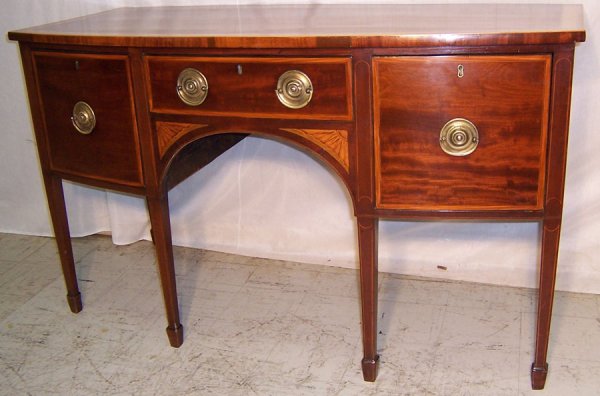 Period bow front mah. Hepplewhite sideboard: Period bow front mahogany inlaid Hepplewhite sideboard, Circa 1790 - 1810 - 60" long, 26 1/2" deep, 36" tall