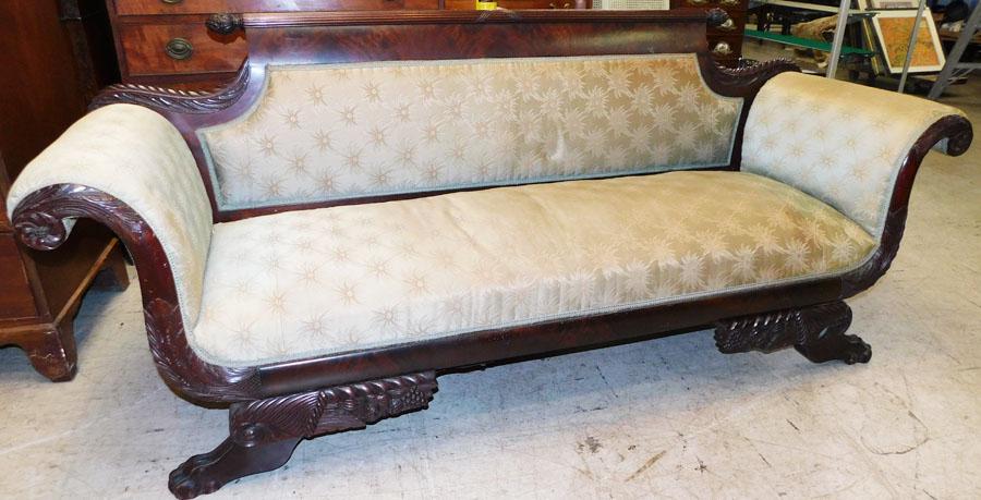 Antique Mahogany Carved Claw Feet Sofa: Antique Mahogany Carved Claw Feet Sofa. 77" W 28" D 33" H