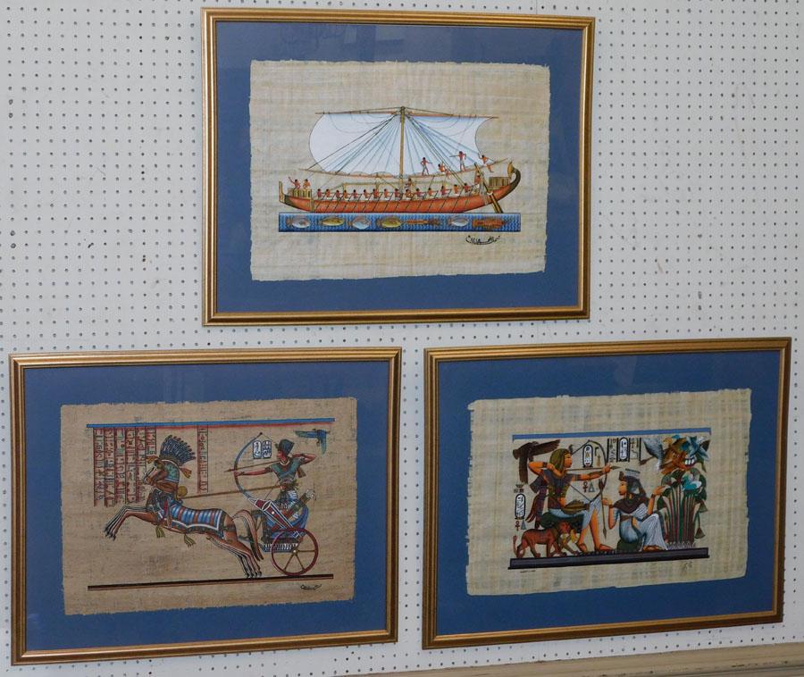 3 Framed Egyptian Watercolors On Papyrus Paper (1 of 8)