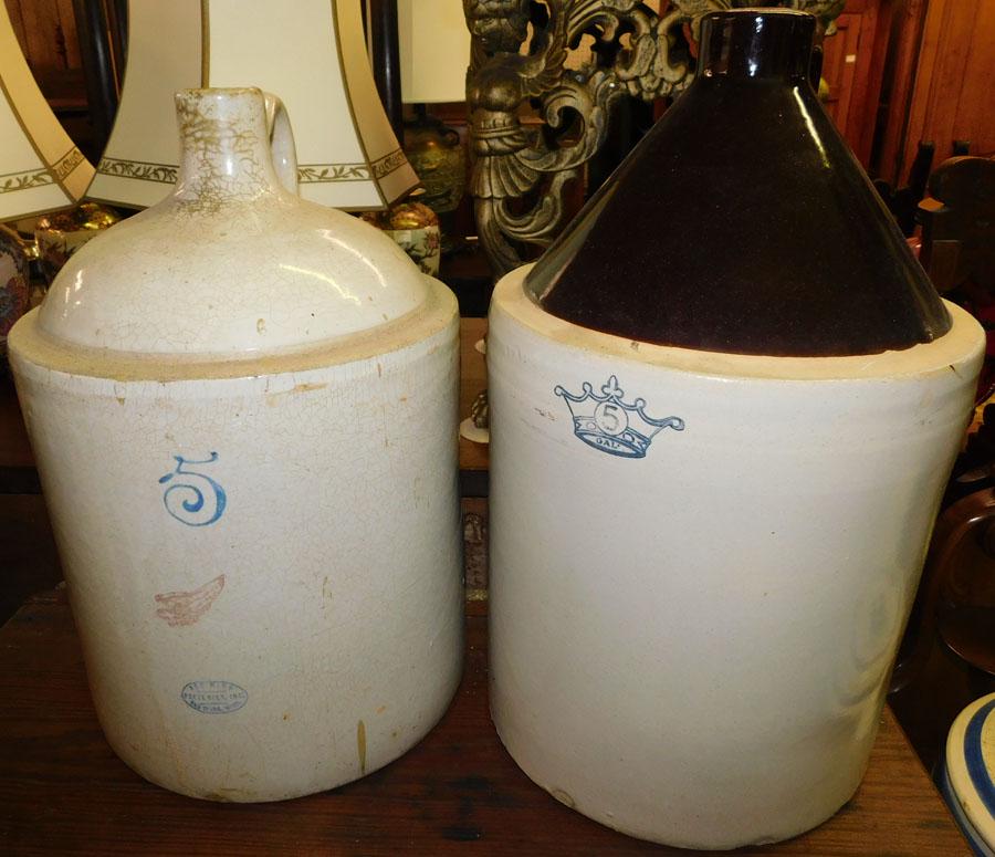 (2) 5 Gallon Stone Ware Whiskey Jugs-1 Is Red Wing (1 of 4)