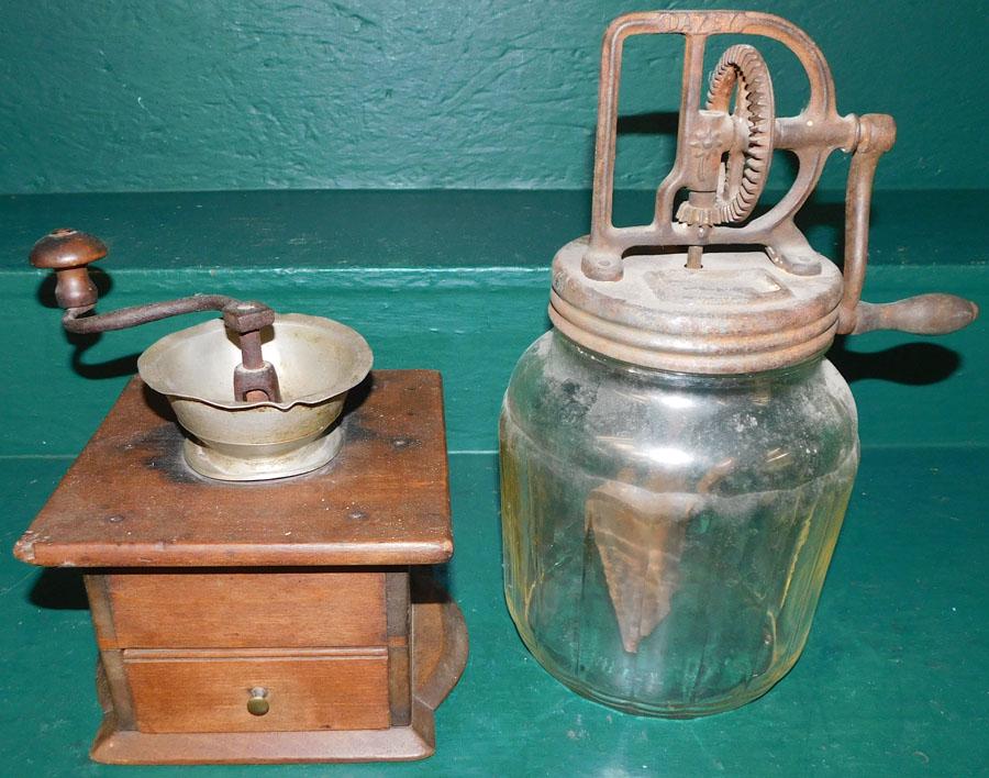 Antique Coffee Grinder & Butter Churn: Antique Coffee Grinder & Butter Churn. 13" H - Tallest
