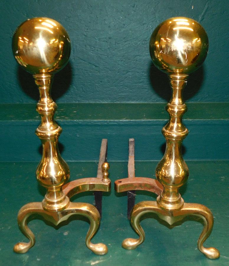 Pair Brass Cannonball Andirons (1 of 2)