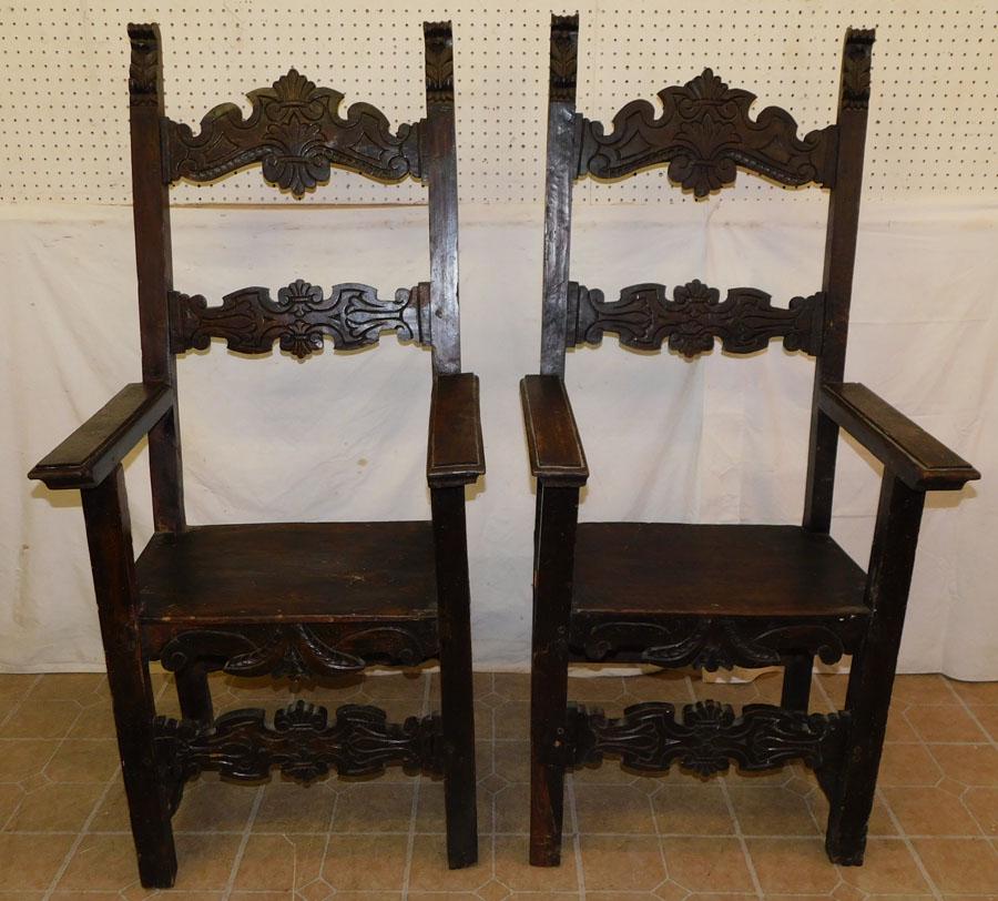 Pair 18th C Walnut Carved Italian Arm Chairs (1 of 5)
